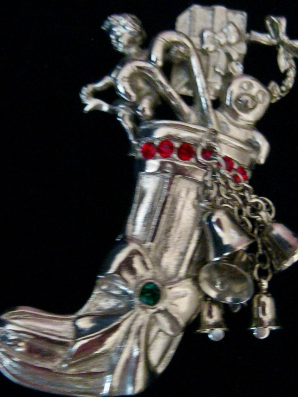 KIRKS FOLLY VINTAGE ANTIQUE HOLIDAY STOCKING FILLED WITH TOYS AND BELLS